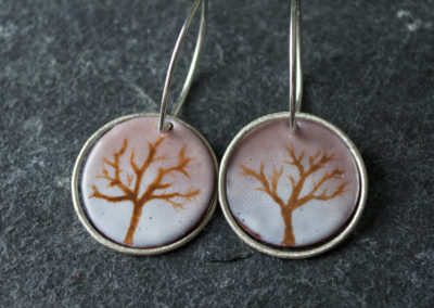 Pink enamel earrings. Sterling silver hook. Tree natural forest. Sustainable design. comfy everyday use. contemporary jewellery. simple.