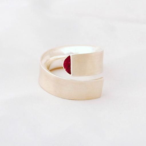 Red choral ring. Silver ring. Spiral ring. Elegant ring. Handmade jewellery. Contemporary jewelry. Designer jewelry. Statement ring.