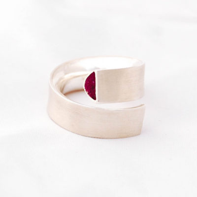 Red choral ring. Silver ring. Spiral ring. Elegant ring. Handmade jewellery. Contemporary jewelry. Designer jewelry. Statement ring.