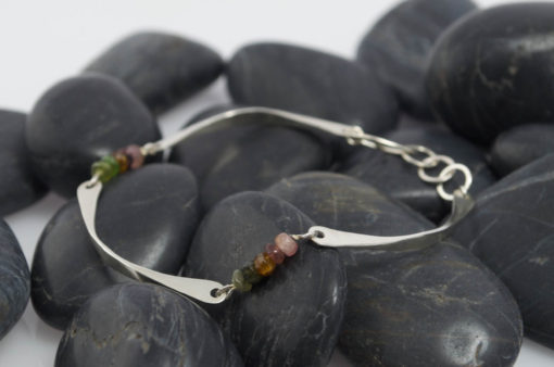 Tourmaline bracelet. Green, pink, orange tourmalines. Hammered Sterling silver. Modern unique bracelet. Handmade jewellery. Boho bracelet.