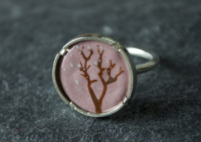 Pink, tree enamelled ring. Sterling silver ring. Comfortable boho ring. Handmade jewellery. Simple Designer jewelry. Statement ring.